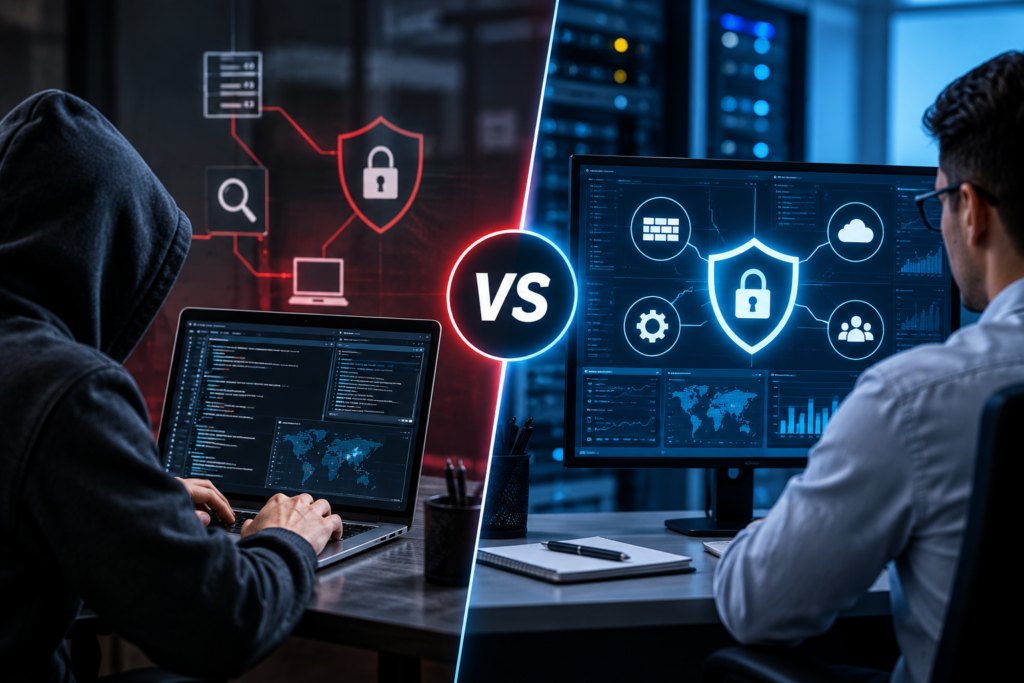 A visual comparison showing penetration testing on one side and overall security protection on the other.