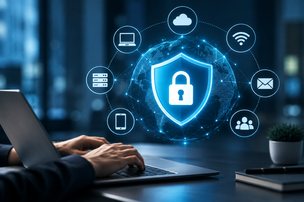 Cyber security analyst monitoring networks servers and security alerts